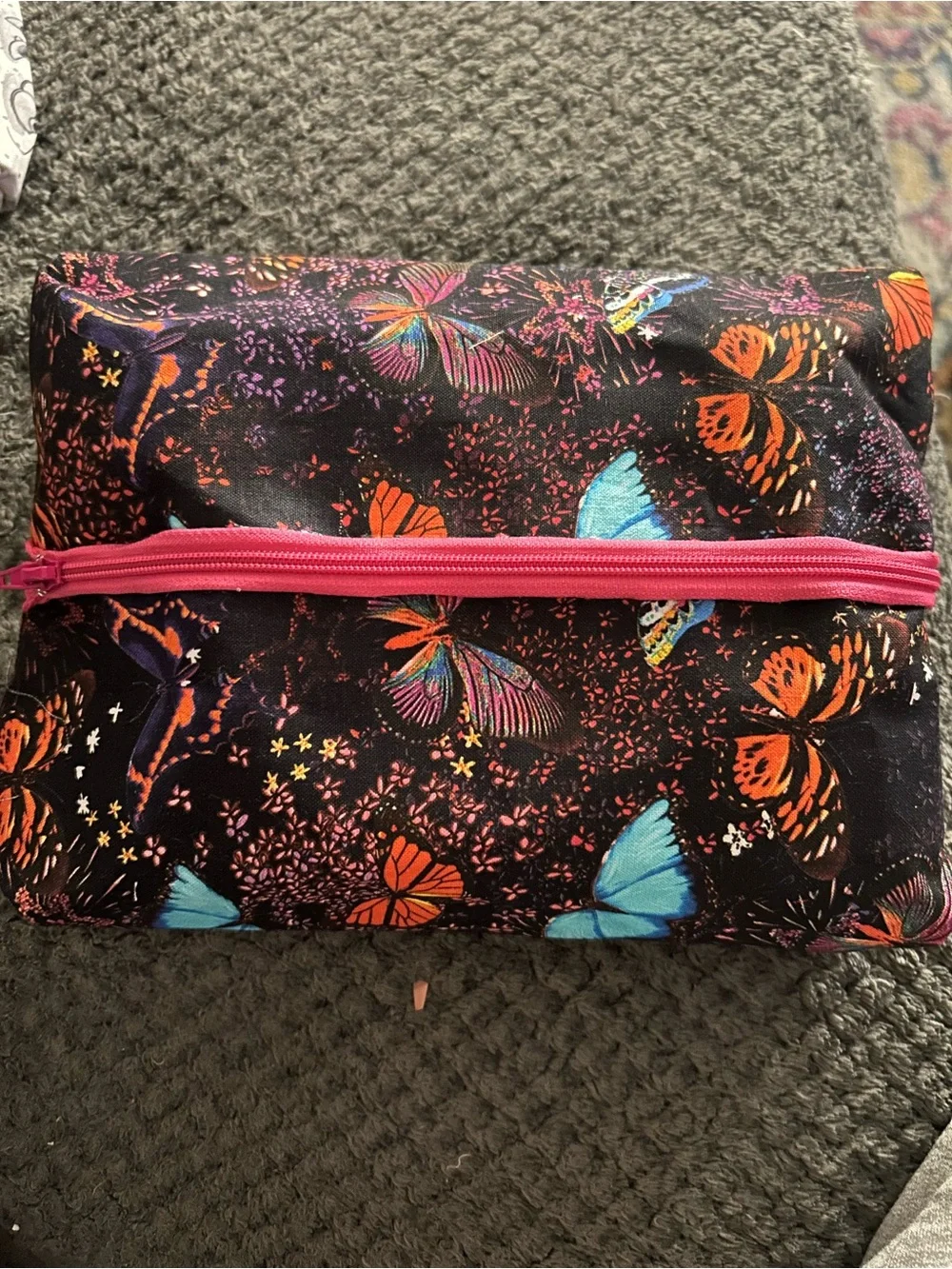 Hand Crafted Black Butterfly Cosmetic Pouch with Pink Zipper
